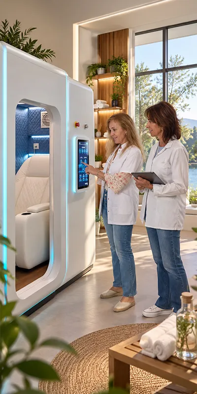 Dos profesionales revisando datos junto a un equipo de diagnóstico